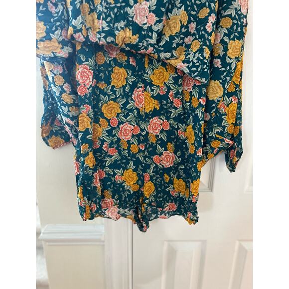 Zara Green & Yellow Rose Floral Print Velvet Trim Romper - Picture 5 of 7